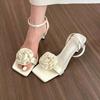 Fashion Stiletto Sandals Summer New Fashion Flowers Square Toe One Strap with Skirt Non-slip Temperament High Heels Women