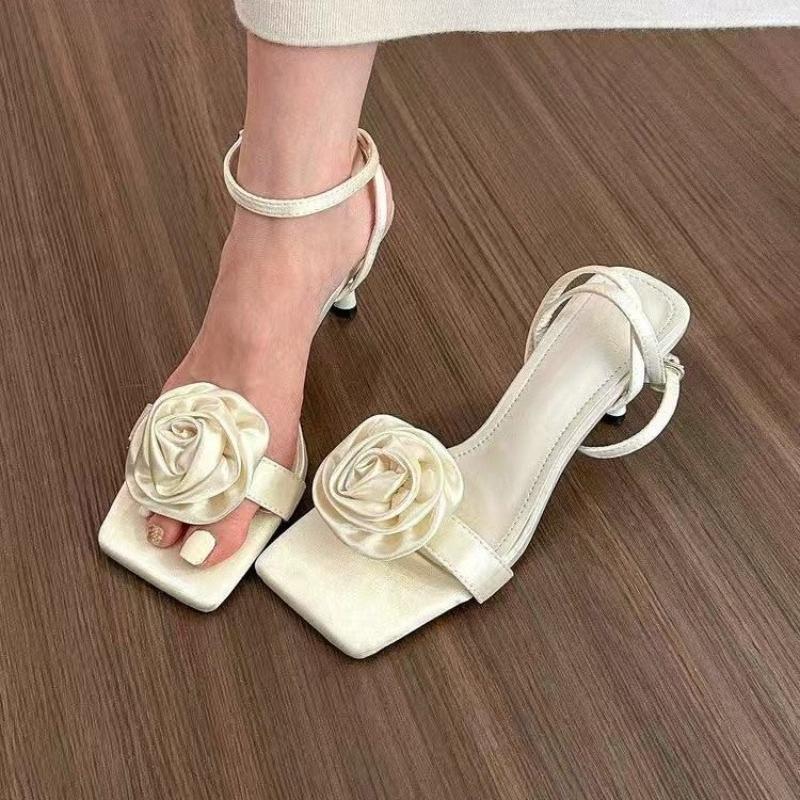 Fashion Stiletto Sandals Summer New Fashion Flowers Square Toe One Strap with Skirt Non-slip Temperament High Heels Women