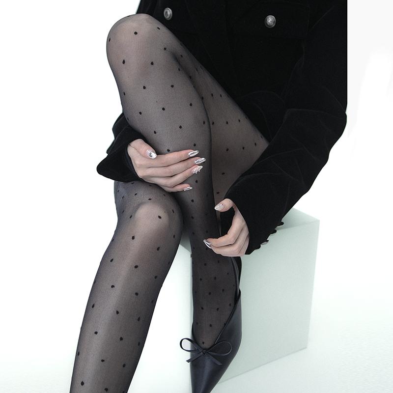 

Винтажные прозрачные колготки в горошек Женские летние тонкие нейлоновые колготки с высокой талией Чулки Колготки Шелковистые колготки с носком для женщин Стиль Y2K 40-65kg чёрный