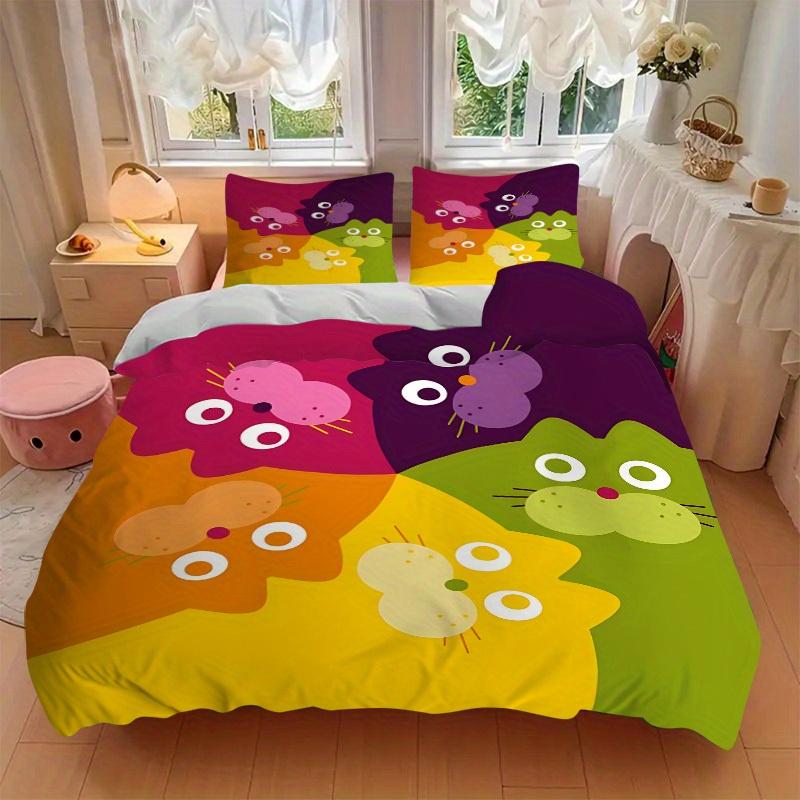 3pcs Colorful Cats Bedding Set, Ideal for Home Use, Suitable for Bedroom Decor (1*Duvet Cover + 1/2*Pillowcases, No Core) yy250821191