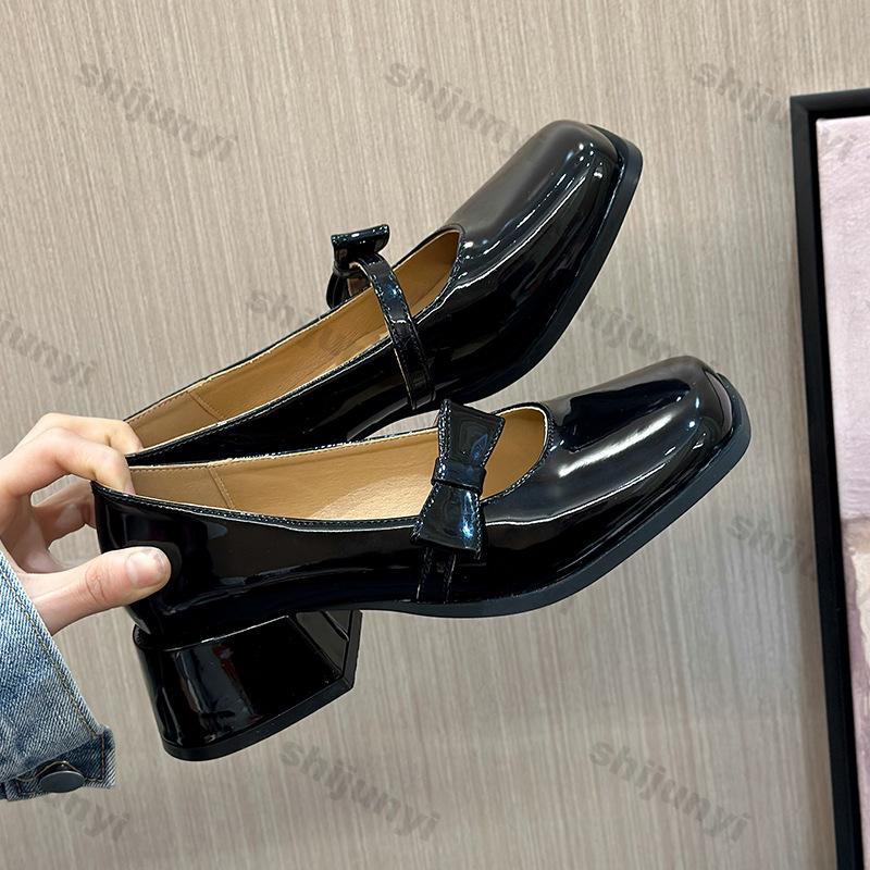 Modische Mary Janes mit eckiger Spitze und Schleifen für Damen, Frühling Neue Mode High Heels Leder Plateaupumps Frau Slipper Dicke Absätze Einzelne Schuhe