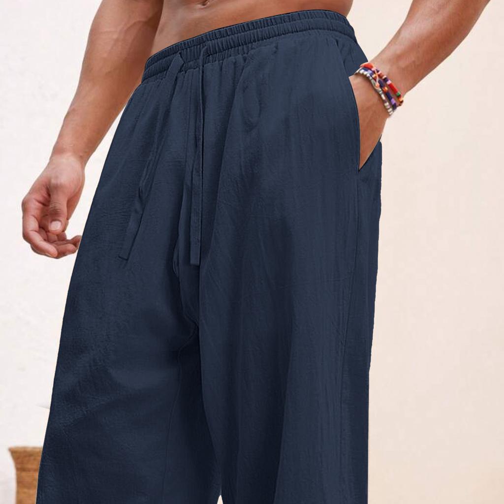 European and American Men's Linen Straight Loose Pants Solid Color Casual Lace-up Wide-leg Beach Pants