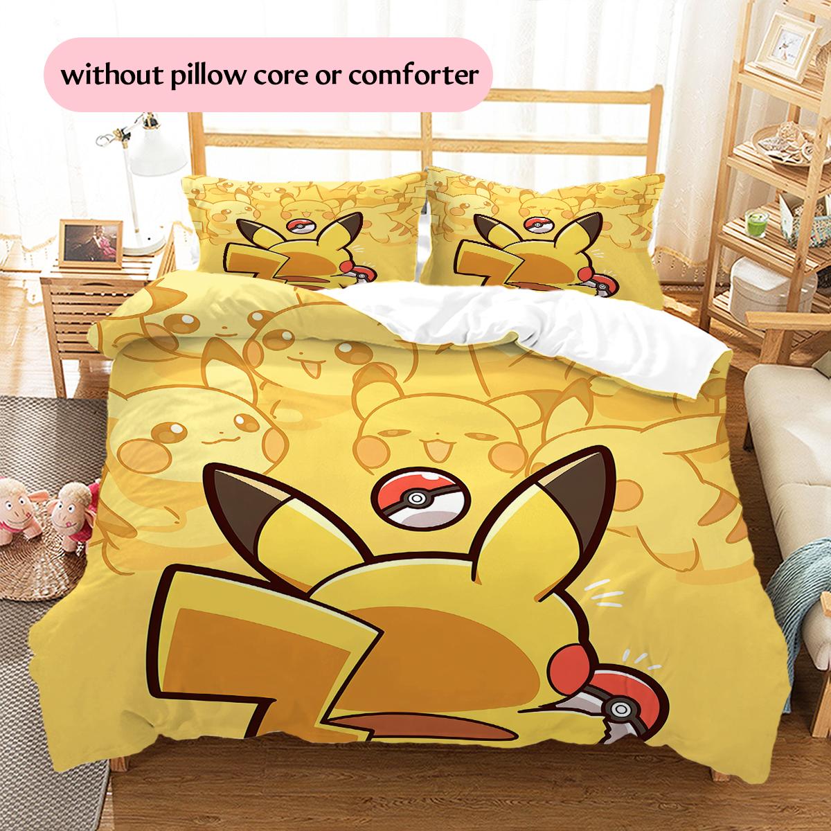 Pikachu Illustrations Pattern Bedding Quilt Set  Home Decoration  Gift (1 * duvet cover + 2 * pillowcase  without core) 135x200cm