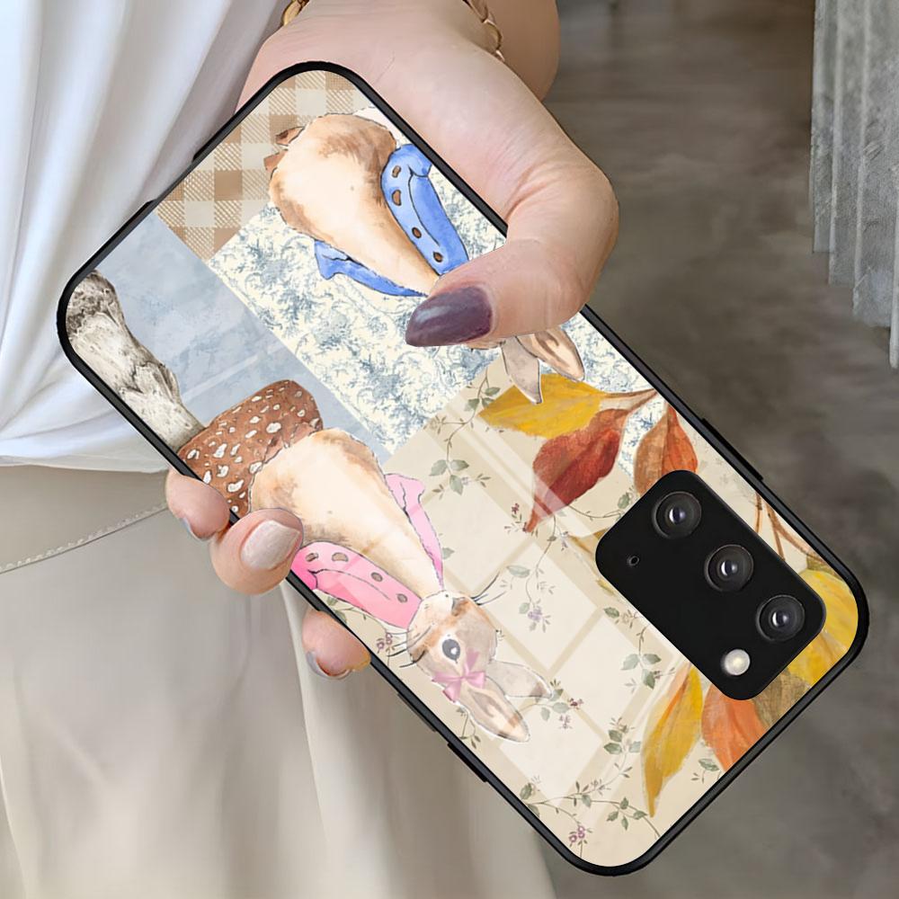 Cute P-PeterS Rabbit Phone Case For Samsung S26 S25 S24 FE S23 S22 S21 Plus S20 Ultra Note20Ultra Black Glass Cover