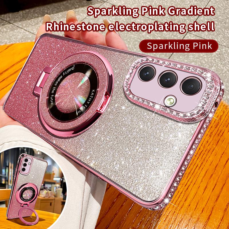Diamond Glitter Plating For Magsafe Phone Holder Case For Samsung Galaxy A15 A14 A13 A55 A54 A53 A52 4G 5G Stand Silicone Cover