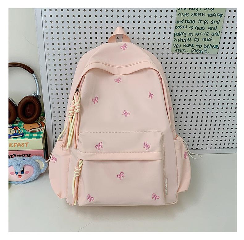 Schoolbag Girls School Bag Simple Versatile Backpack College Student Middle School Student Cute Embroidered Bow Lightweight Travel Backpack
