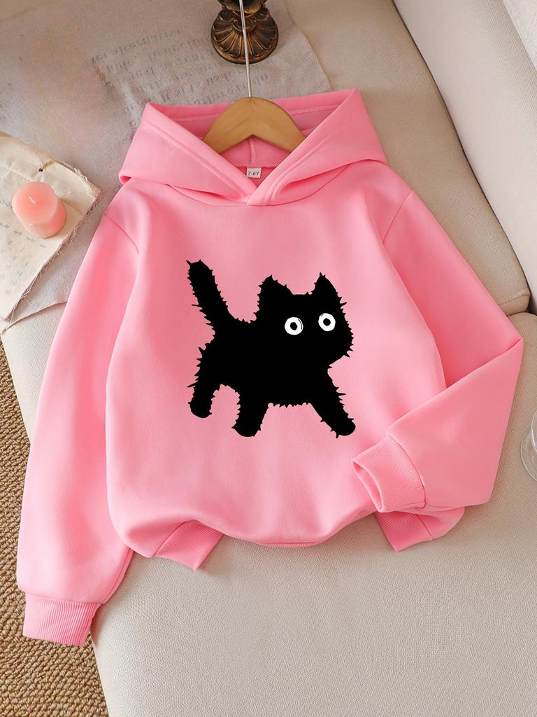 Children's Hooded Sweatshirt Loose Comfortable Versatile for Sports Leisure Fashionable Simple Black Cat Cartoon Printed Top