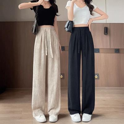 Women Pants High Waist Adjustable Drawstring Ice Silk Long Trousers with Pockets Solid