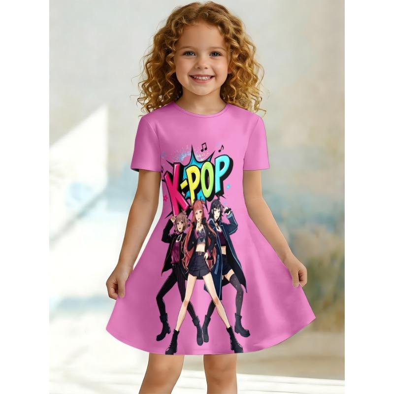 Girl K-POP Idol Group Printed T-shirt Dress, Pink Purple Block Casual Dress, Suitable for Fans and Children's Birthdays As Gifts