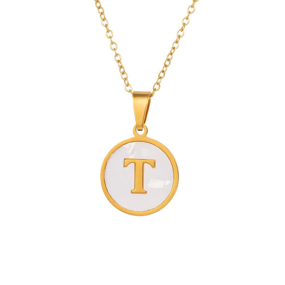 Round Gold Color 26 Letter Necklaces Alphabet Shell Pendant Necklace for Women Men Stainless Steel Chain Jewelry 1PC