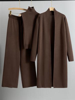 2025 Women's Knitted Three-Piece Set: Long Shawl, High Neck Vest, Wide Leg Pants - Spring/Autumn Casual Wear