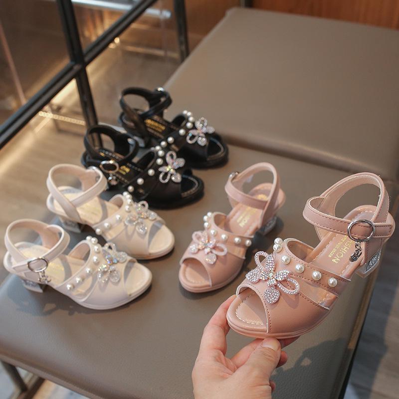 Girls' Pearl Bow High-Heel Sandals - Versatile and Fashionable Princess Shoes for Summer and Dance Performances