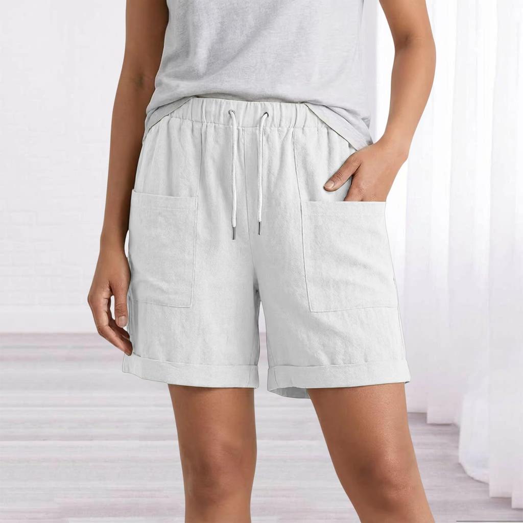 Women’s Linen Casual Shorts with Elastic Waistband Drawstring Adjustable Fit and Large Front Pockets for Everyday Wear