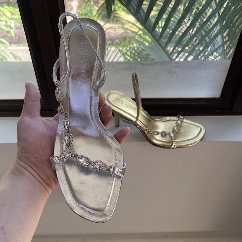 Women High Heels Sandals 2026 Summer Fashion Heels Sexy Gold Thin Single Strap Crystal Stiletto Sandals Gold Womens Shoes