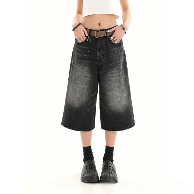 Gewaschene und getragene Jeans-Shorts für Herren, lockere, lässige Fünf-Punkt-Hose mit geradem Bein und über dem Knie, Vibe Tide Brand High Street, amerikanischer Stil XXL schwarz