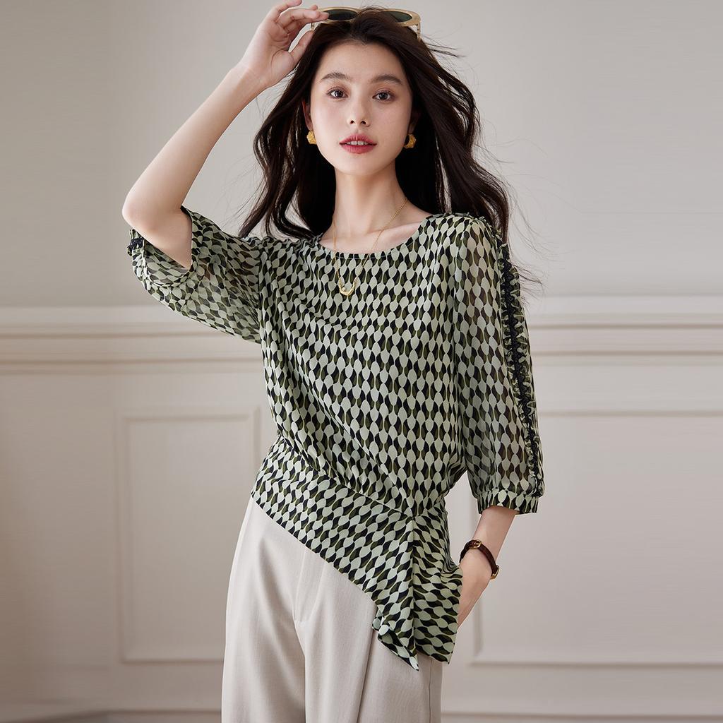 Luxury Loose Commuting 26 Year Summer Women's Shirt Top Women's Chiffon Shirt T-shirt Short Sleeved T-shirt