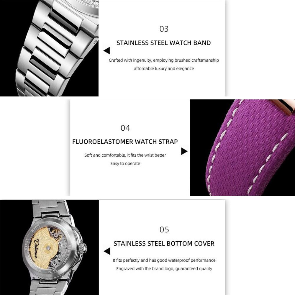 Skeleton Mechanical Watches Rose Gold Case Diamond Bezel Luminous Waterproof Fluororubber Strap Watch