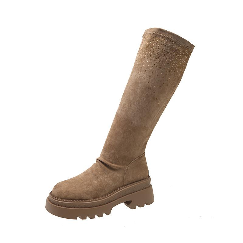 Skinny Stiefel Khaki Stiefel dicker Absatz 2025 Herbst und Winter Ritterstiefel kleiner Mann aber Knie elastische dünne Stiefel