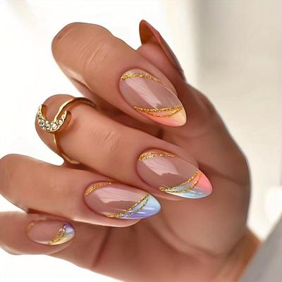 24pcs Color Gradient Press On Nails, Medium Length Almond Fake Nails Wit Golden Glitter Line Design, Glossy Full