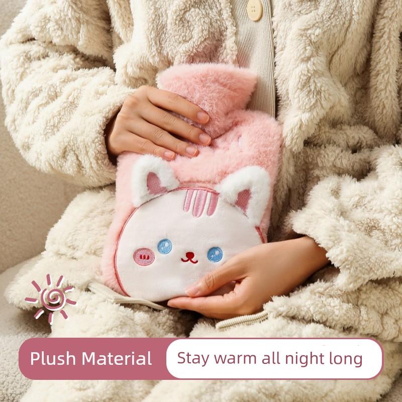 Plush Hot Water Bottle for Women, Cute Cartoon Design, Water-Filled Foot Warmer, Portable Hand Warmer with Cloth Cover for Office, Dormitory, and