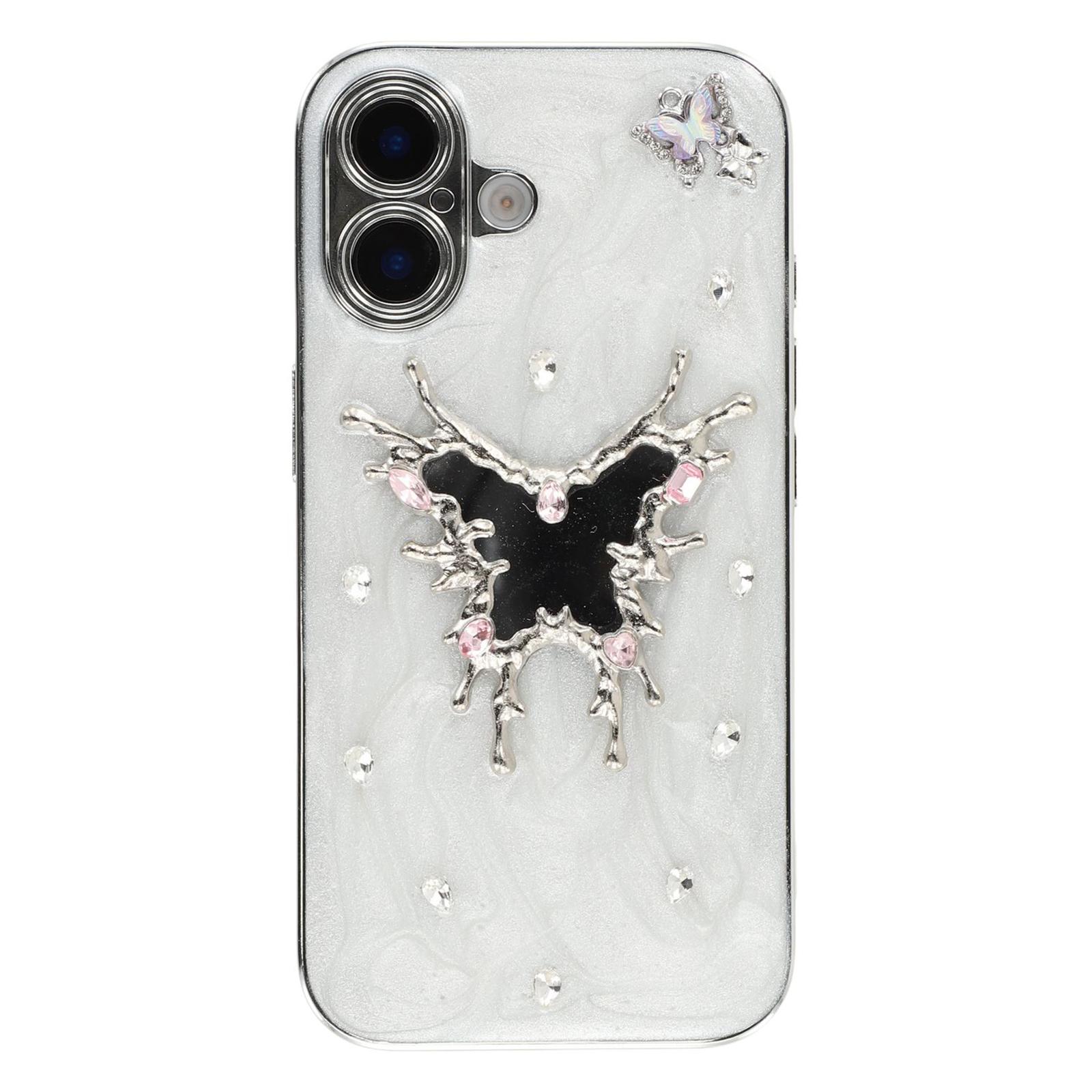 

For iPhone 16 Case Electroplated Epoxy Metal Decor TPU+Acrylic Phone Cover Precise Cutouts Mirror Butterfly