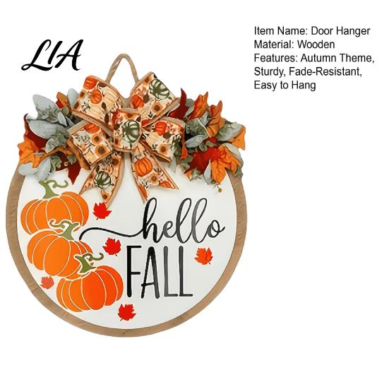 Autumn Gift for Friends Hello Fall Door Hanger, Wooden Pumpkin Welcome Sign with Bow, Wall Hanging Plaque Rustic Wreath Thanksgiving Front Porch