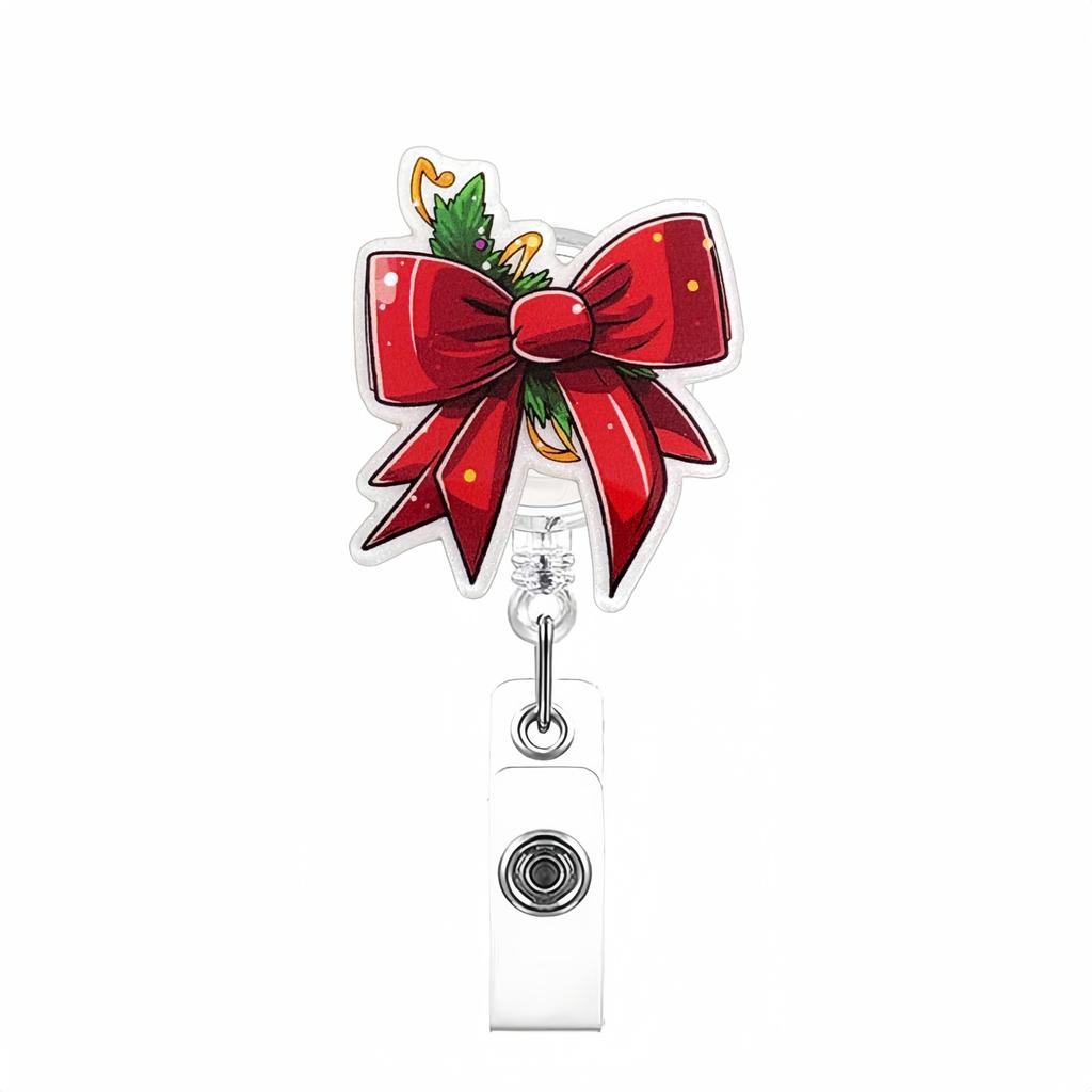 Christmas Bow Badge Reel Cute Nurse Badge Holder With Alligator Clip Worker Id Card Retractable Badge Holder Name Tag Key Chain