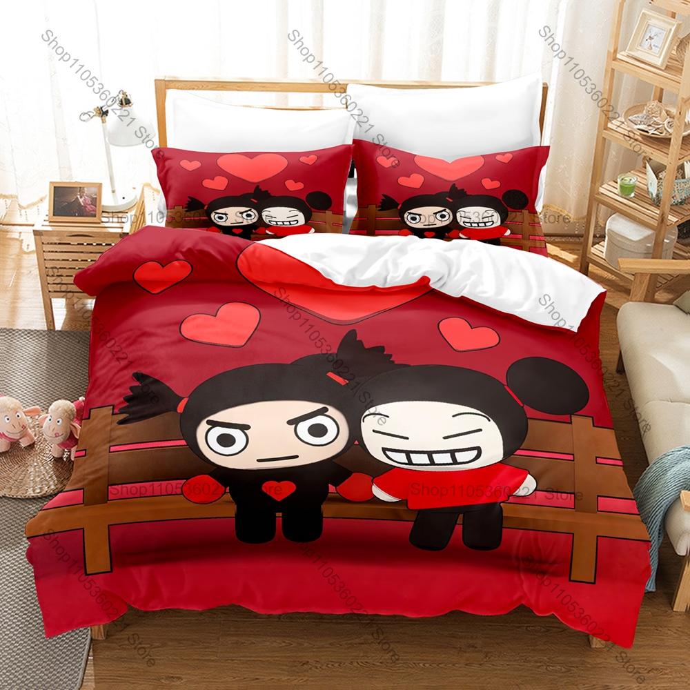 Cool Cartoon Pucca & Garu Bedding Set 3 Piece Lovely Kpop Pattern Duvet Cover Set Single Twin Full Queen King Size Decor