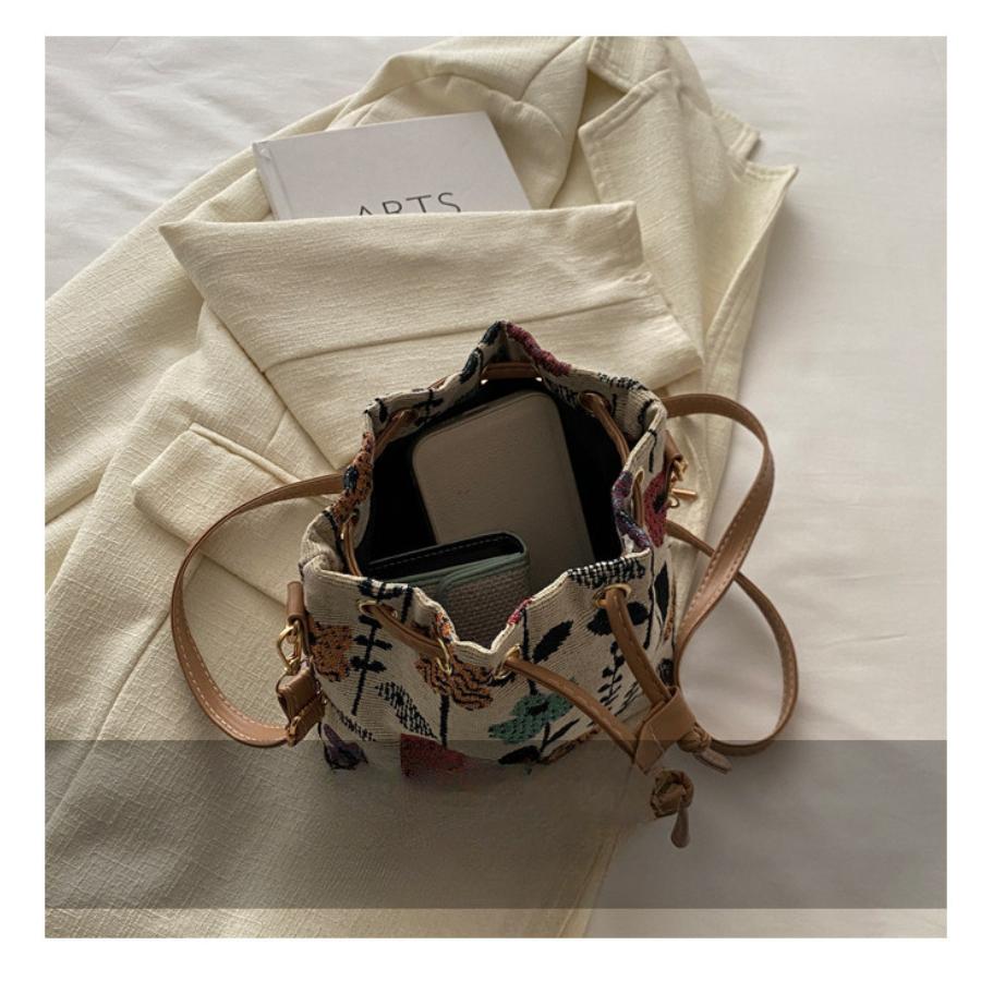 Ethnic Style Canvas Handheld Bucket Bag for Women Fashion Retro Shoulder Purse