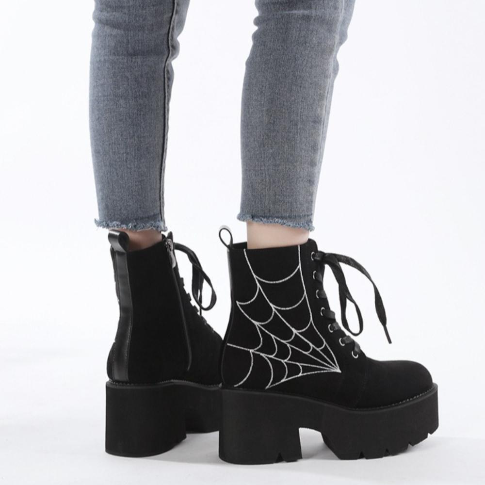 2023 Winter Women European Style Ankle Boots, Front Lace‑Up Embroidery Decor Side Zipper Platform Thick‑Sole Fashion Ladies Boots