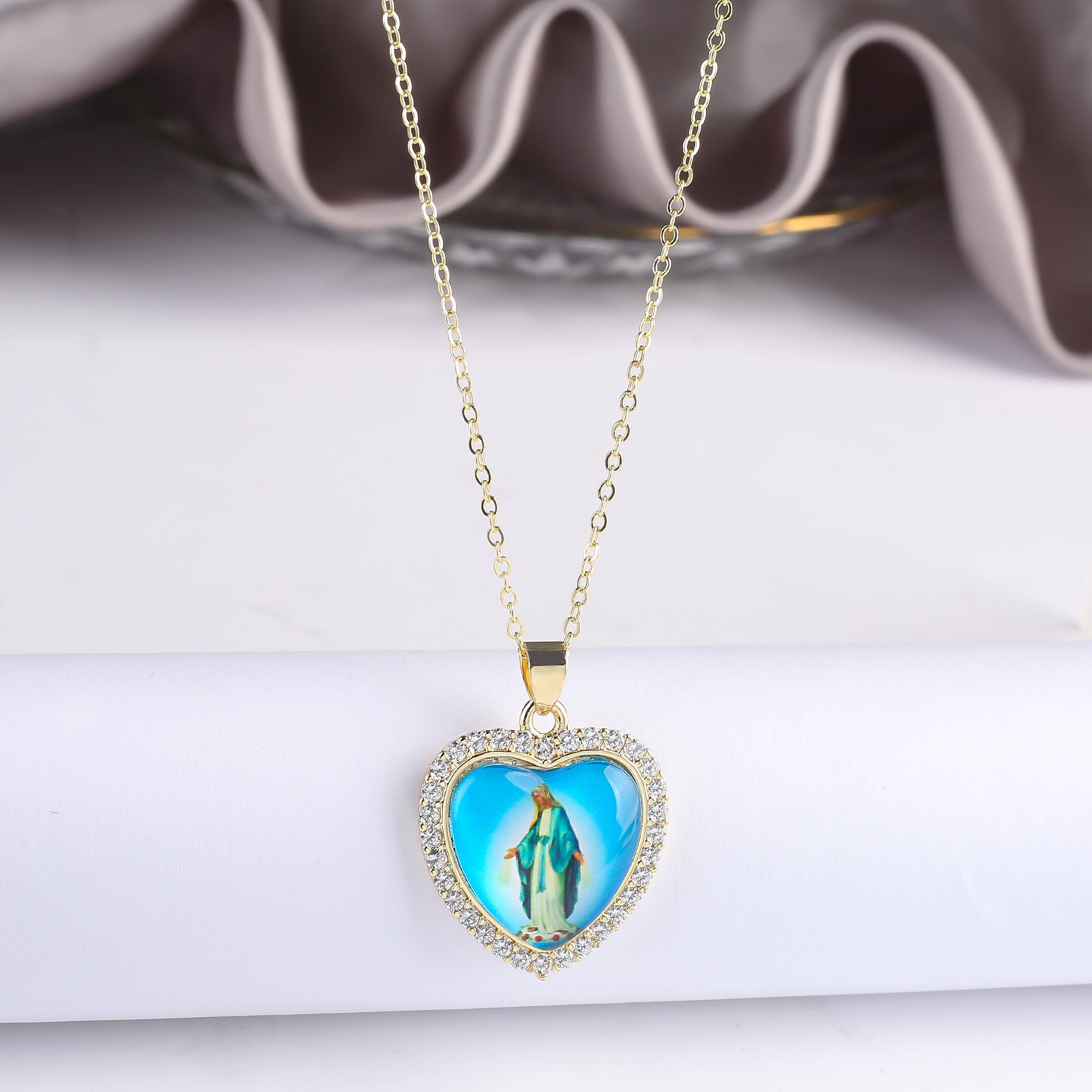 

Fine Trendy Heart Shape Religious Figure Virgin Mary Pendant Necklace Fine Holiday Party Catholic Zircon Gift Wholesale