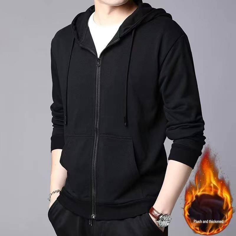 Men's Korean Style Solid Fleece Zip-Up Hoodie - Autumn/Winter Casual Sports Cardigan
