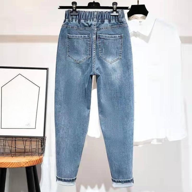 Pantalones Vaqueros Skinny Harem de Cintura Alta para Mujer con Cinturilla Elástica y Cordón
