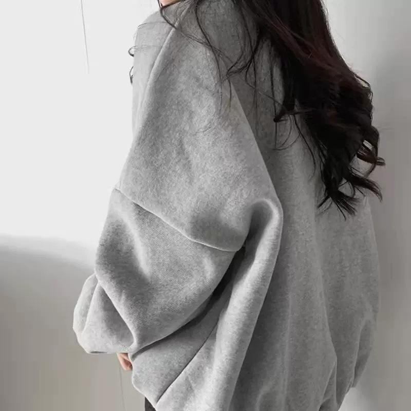 Women Gray Fleece Hoodless Crew Neck Loose Mid Length Long Sleeve Casual Sweatshirt