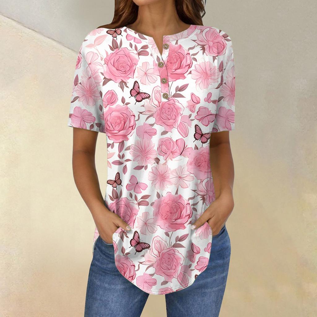 Short Sleeve Womens Tops Summer T-Shirts Floral Print V Neck Casual Basic Tee Button Shirts Tunic Tops