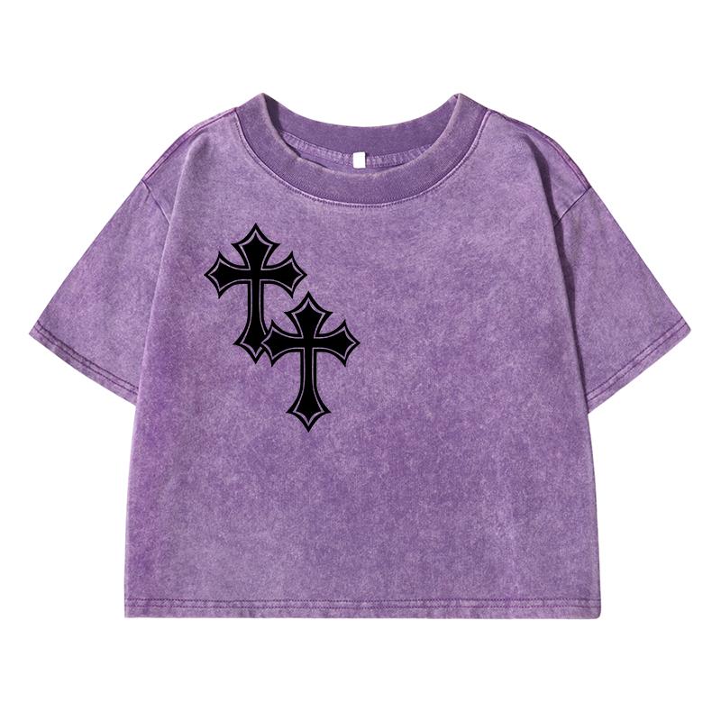 Funny Cross Pattern Printing Women Washed Short T Shirt Summer Midriff-Baring Tshirt Street Casual Distress Top