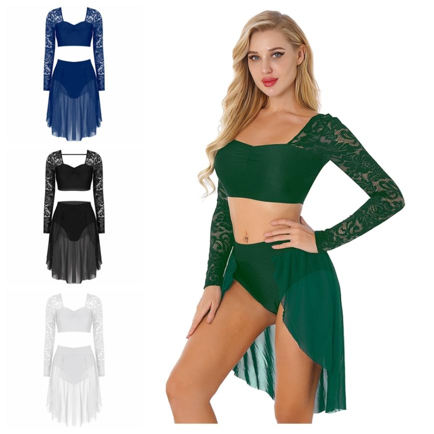 Women Lyrical Dance Costume Lace Sleeves Crop Top Chiffon Flowy Skirted Leotard Two Piece Outfit