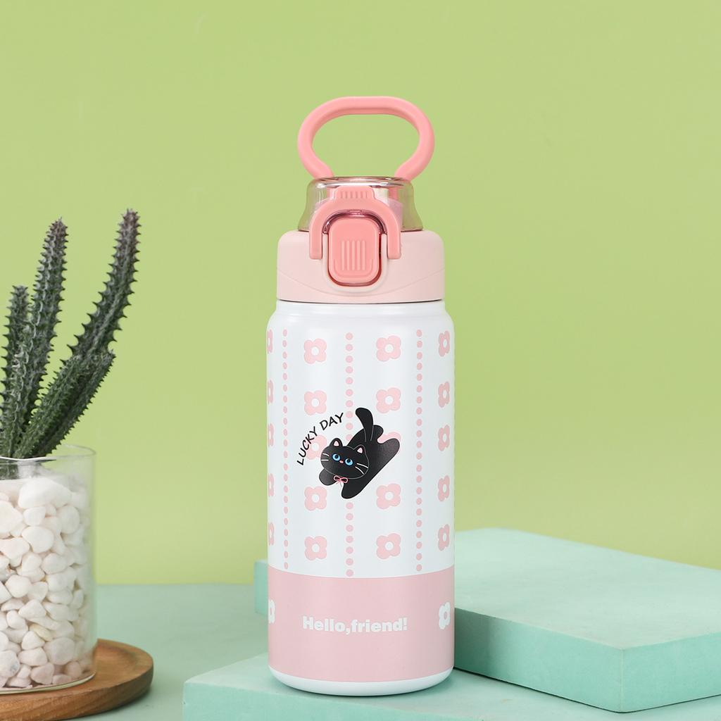 Creative Kids Thermos Drinking Cup Simple Stainless Spring Cap Double Drink Straw Cup Mug Outdoor Portable Sports Handled Cup