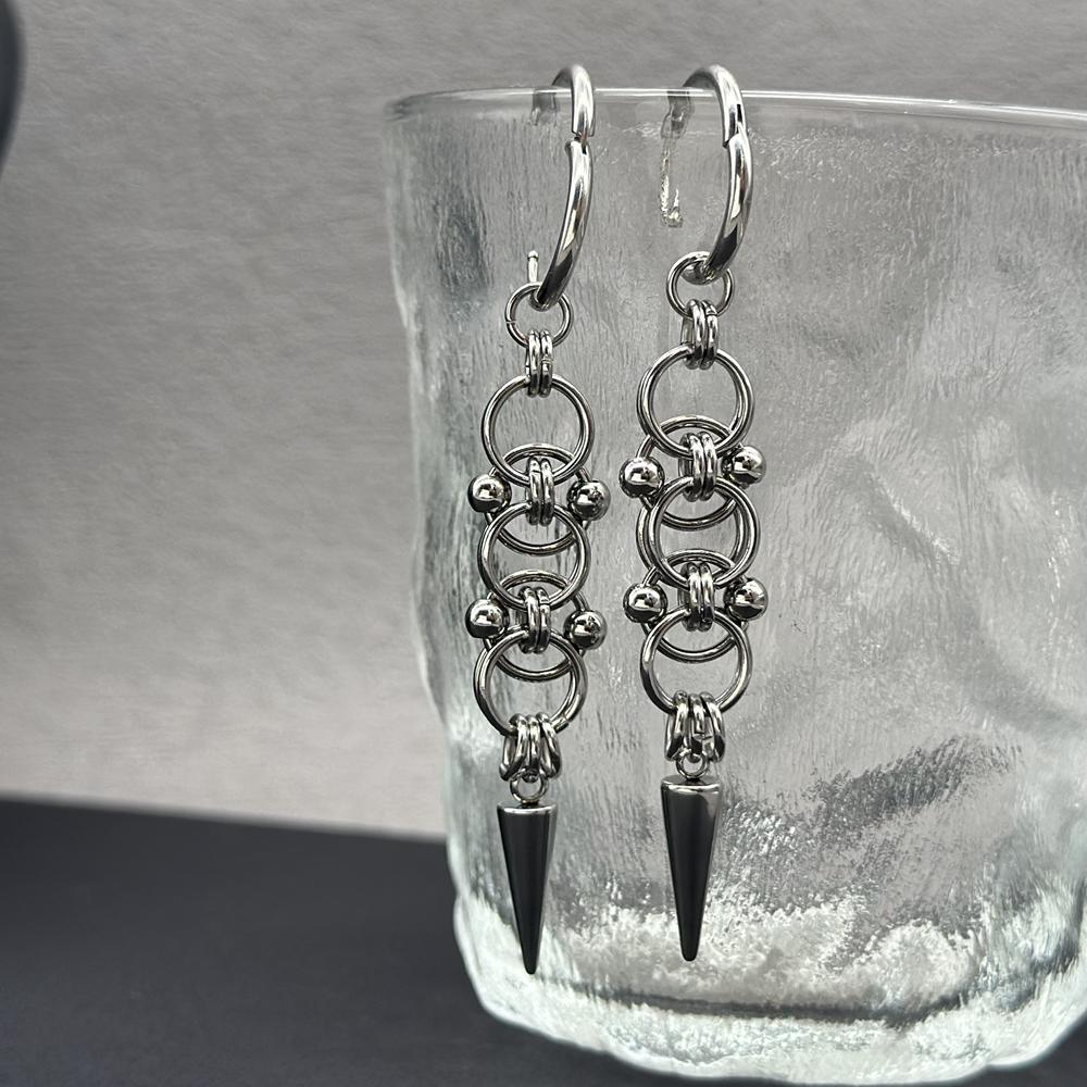 Gothic Punk Handmade Stainless Stell Spike Hoop Earrings for Women Grunge Byzantine Chainmail Chain Dangle Earrings