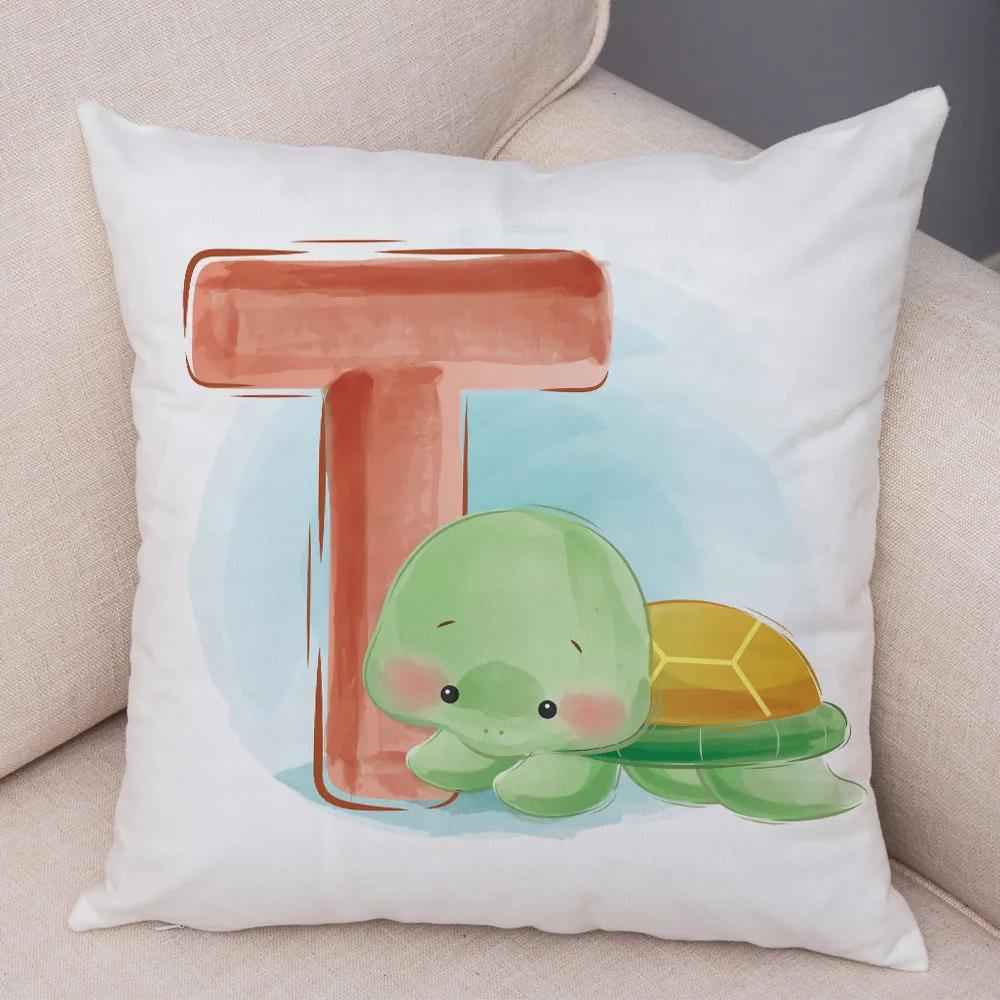 Cute Cartoon Animal Cushion Cover for Children Room Water Color English Letter Print Pillow Case Short Plush Pillowcase 45x45cm