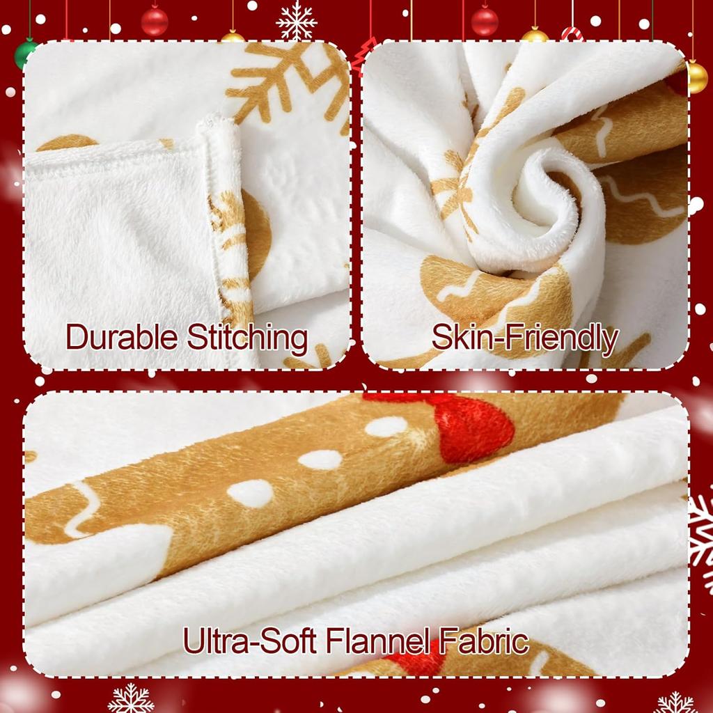 Christmas Gingerbread Throw Blanket: Ultra Soft White Flannel Plush Gingerbread Man Bed Blanket, Lightweight Cozy Christmas