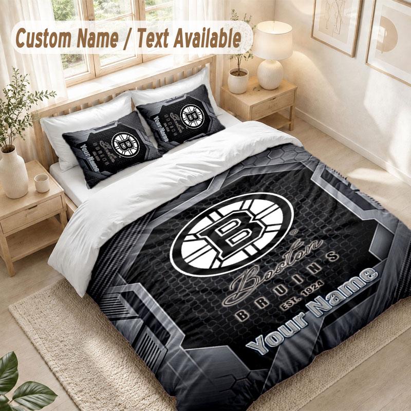 Custom Name Bedding Set 3 PiecesBoston Bruins Print Duvet Cover + 2 Pillowcases Soft Bed Decor