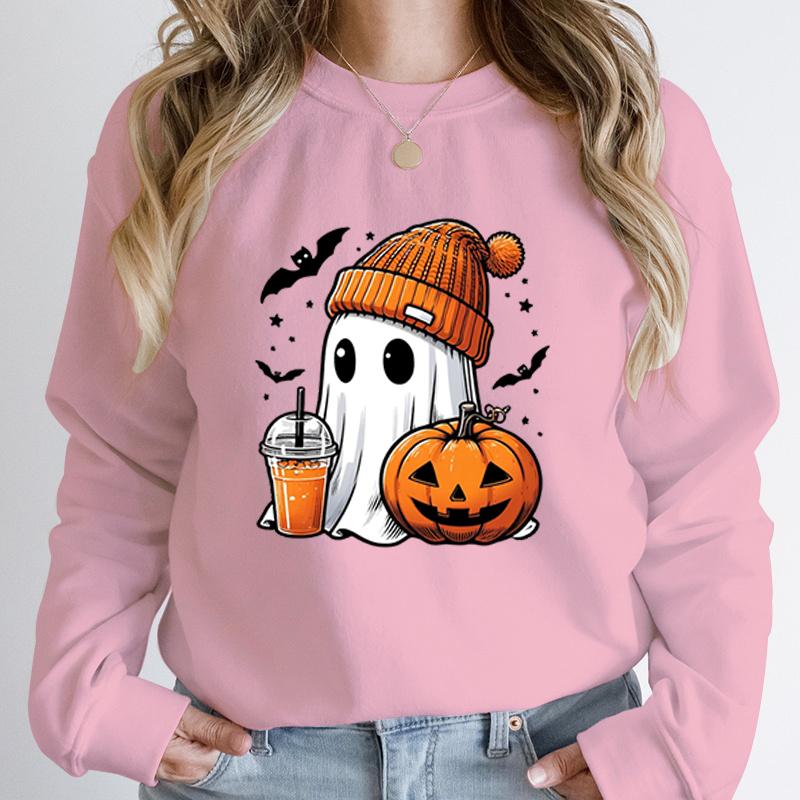 Women Fashion Creative Halloween Ghost Pumpkin Bat Print Pullovers Ladies Long Sleeves Halloween Hoodeless Sweatshirts