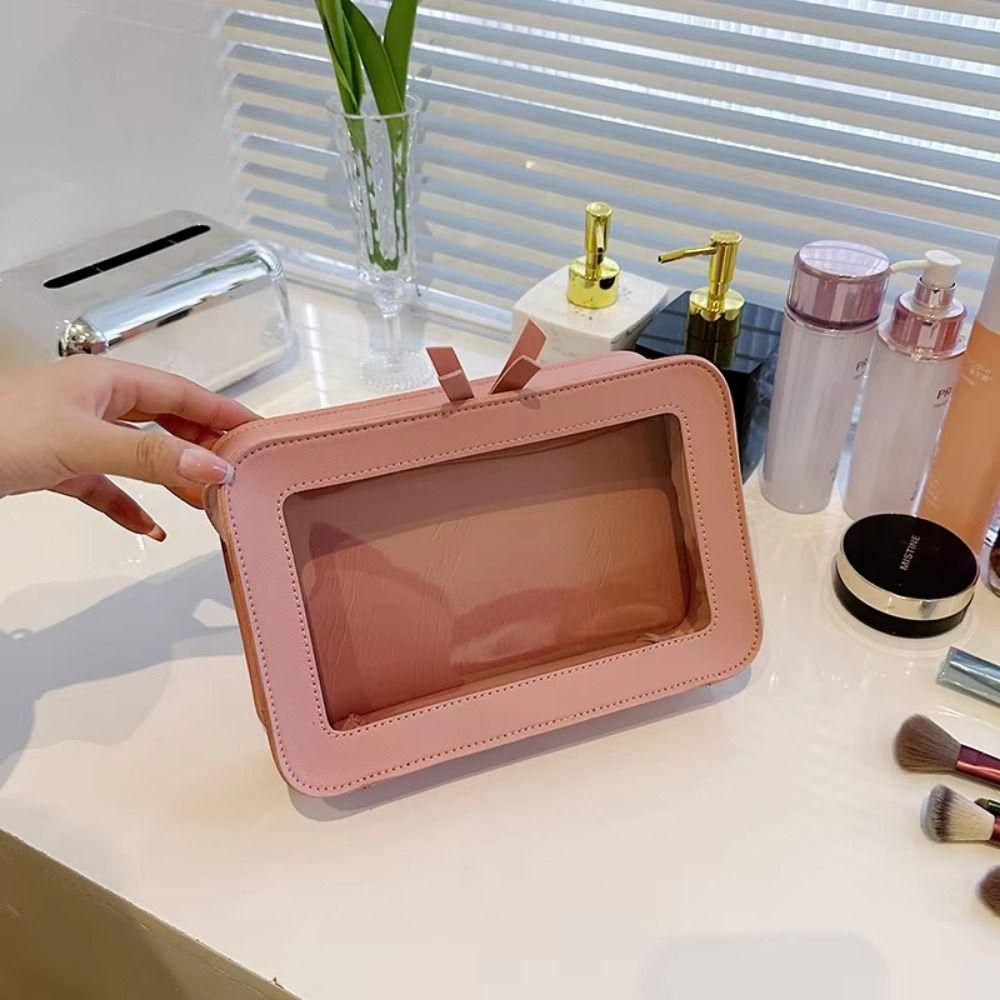 

Transparent Window Travel Cosmetic Bag Dual Zipper Closure Skincare Products Organizer Home чорний