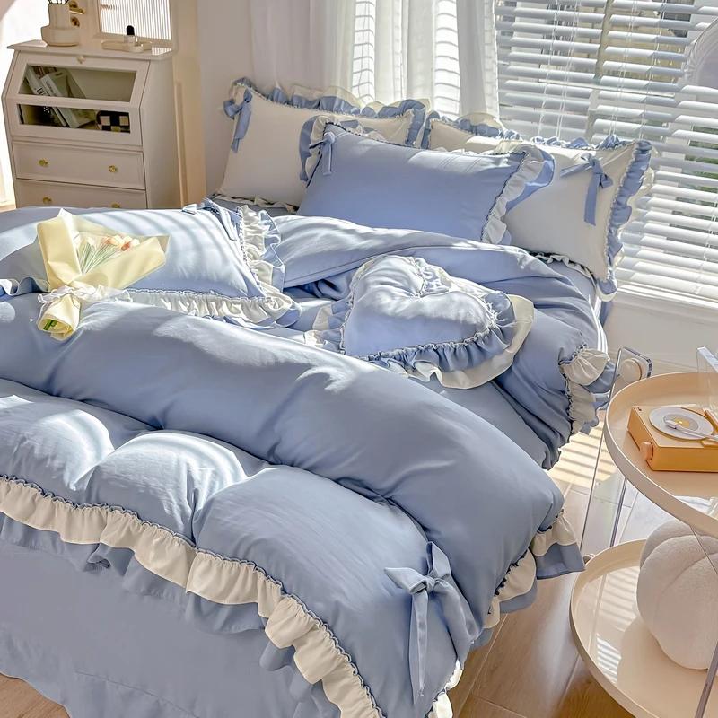 Korean Princess Style Bedding Set Girl Heart Solid Color Double Bed Sheets Washed Cotton Ruffled Bed Cover Skirt Sheet Quilt Set
