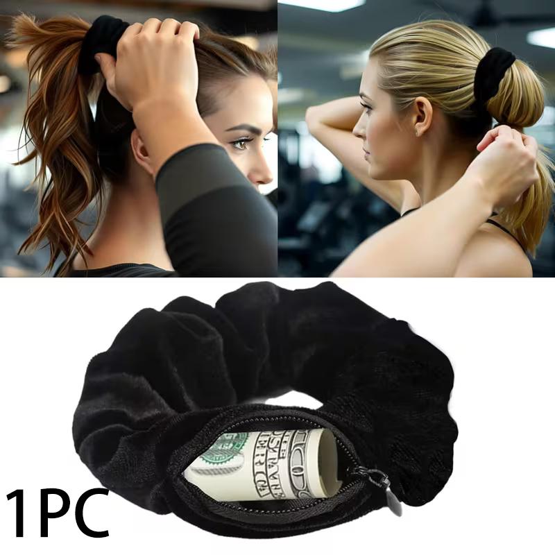 

1/3 Velvet Scrunchie with Pocket — Zippered Elastic Hair Tie & Headband: Stylish Fabric Ponytail Accessory with Hidden Storage