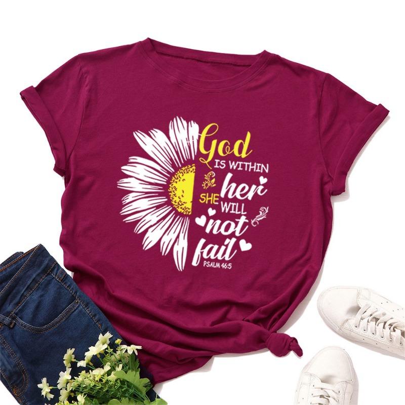 Damen Locker Rundhals Chrysanthemen-Buchstaben Reine Baumwolle Kurzarm T-Shirts Damen