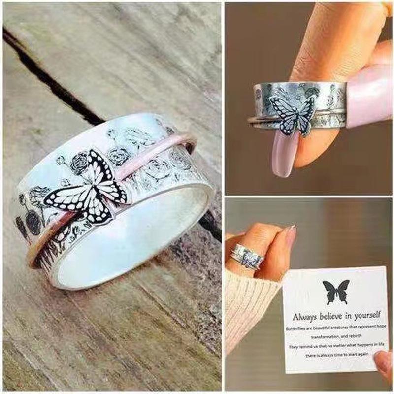 Creative Rotating Butterfly Ring Rotatable Love Two-color Decompression  Rotating Ring  Party High Jewelry Gift
