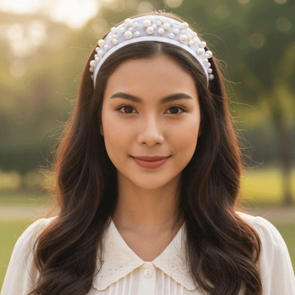 Creative Mesh Pearls Headband Headwear Black White Hairband Rhinestone Wide Hair Hoop Girls