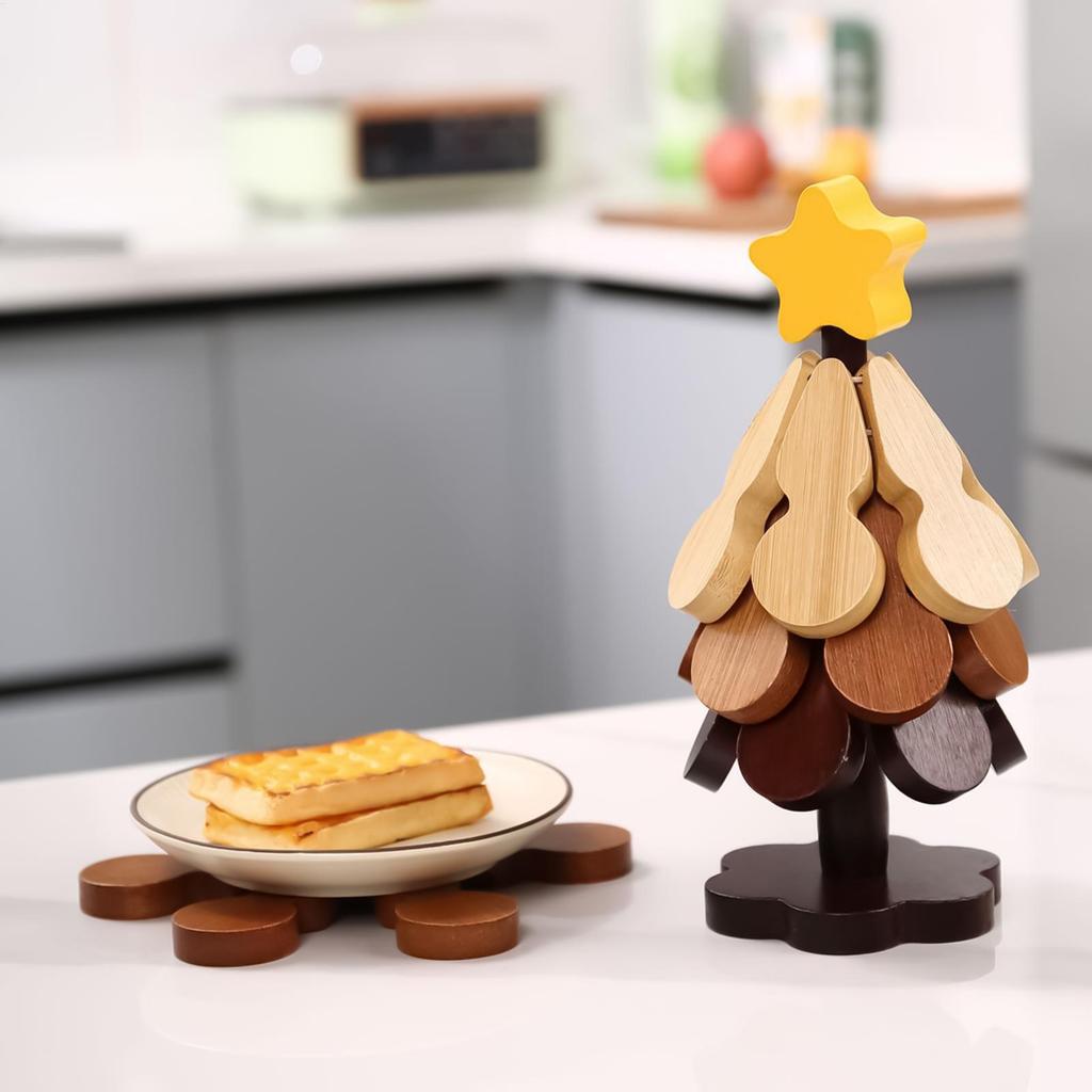 Wooden Christmas Tree Trivet Hot Pad - Decorative Coaster for Teapots & Pans - Tabletop Protector for Kitchen & Dining Room
